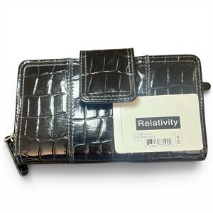 Relativity NWT Black Patent Croc Zip Around Tab Wallet Bi-fold